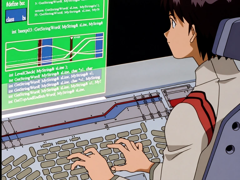 Anime character working at a glowing green computer terminal.